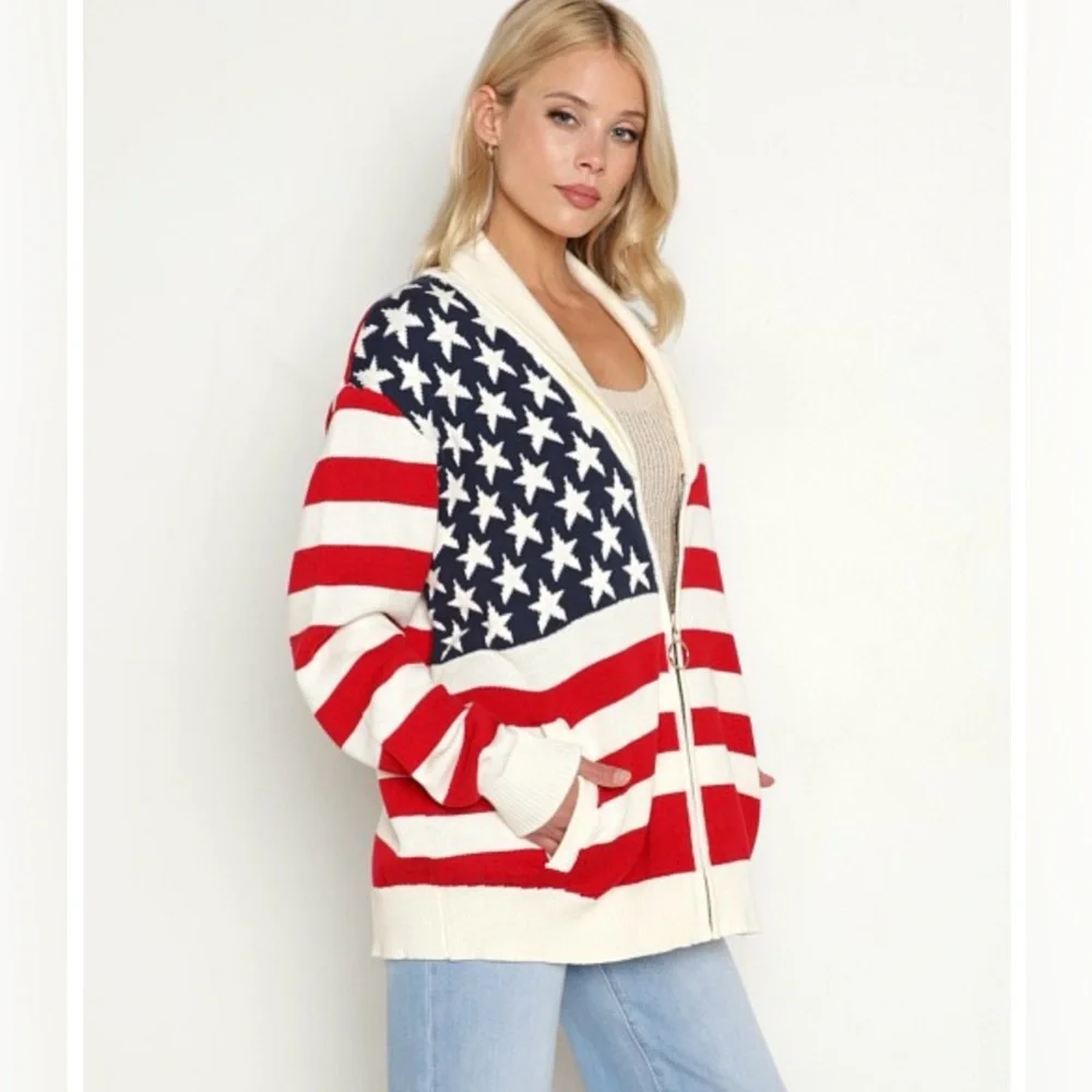 Show Me Your Mumu Zippy Cardigan American Flag Knit Patriotic Sweater Size S - Picture 3 of 8